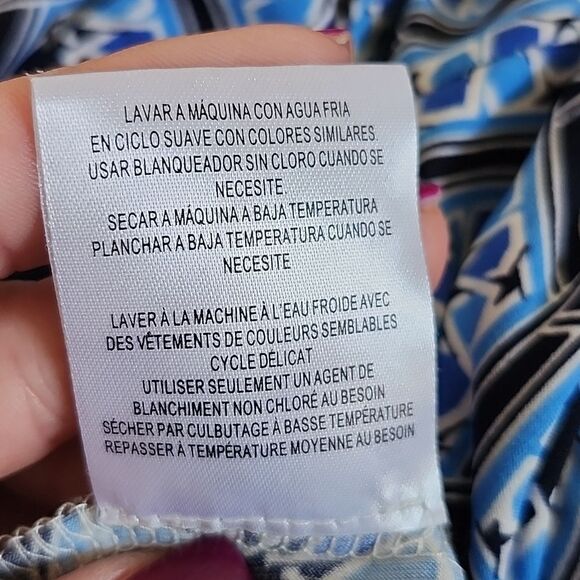 Donna Morgan Collared 3/4 Sleeve Blue Black & White Patterened Dress 6 - Picture 6 of 7